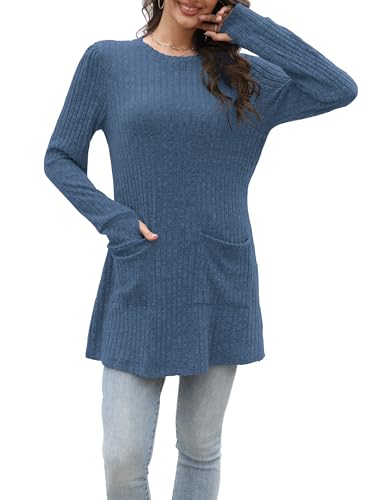Rvinroo Dunkelblau M Damen Lange Pullover Leichte Sweatshirts Tops Lässige Langarmshirt für Frauen Herbst Strickpullover Tunika Oberteile Pullover Daumenloch von Rvinroo