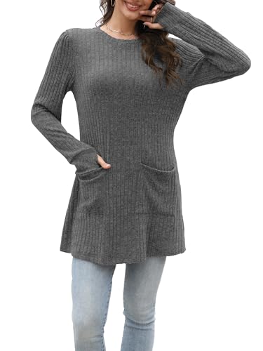 Rvinroo Gray S Damen Lange Pullover Leichte Sweatshirts Tops Lässige Langarmshirt für Frauen Herbst Strickpullover Tunika Oberteile Pullover Daumenloch von Rvinroo