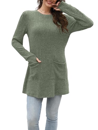 Rvinroo Grün M Damen Lange Pullover Leichte Sweatshirts Tops Lässige Langarmshirt für Frauen Herbst Strickpullover Tunika Oberteile Pullover Daumenloch von Rvinroo
