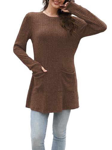 Rvinroo Karamell S Damen Lange Pullover Leichte Sweatshirts Tops Lässige Langarmshirt für Frauen Herbst Strickpullover Tunika Oberteile Pullover Daumenloch von Rvinroo