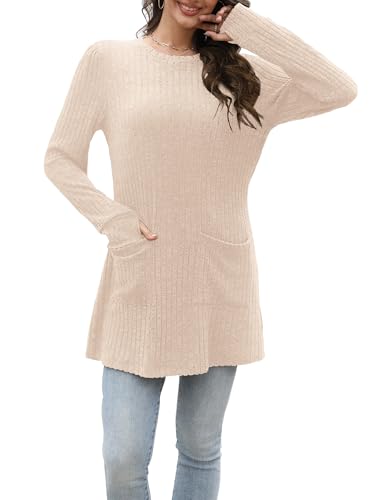 Rvinroo Mandel S Damen Lange Pullover Leichte Sweatshirts Tops Lässige Langarmshirt für Frauen Herbst Strickpullover Tunika Oberteile Pullover Daumenloch von Rvinroo