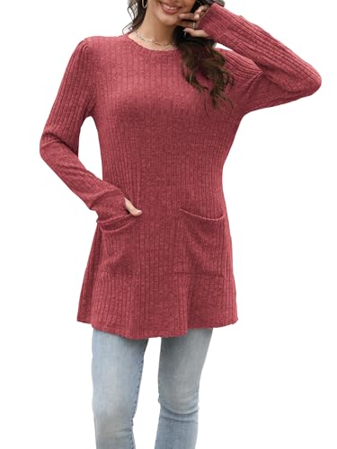 Rvinroo Rosa 2XL Damen Lange Pullover Leichte Sweatshirts Tops Lässige Langarmshirt für Frauen Herbst Strickpullover Tunika Oberteile Pullover Daumenloch von Rvinroo