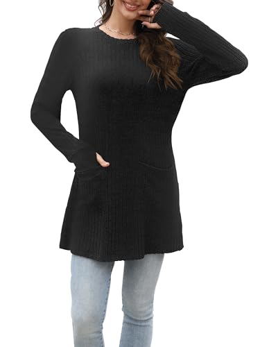 Rvinroo Schwarz 2XL Damen Lange Pullover Leichte Sweatshirts Tops Lässige Langarmshirt für Frauen Herbst Strickpullover Tunika Oberteile Pullover Daumenloch von Rvinroo