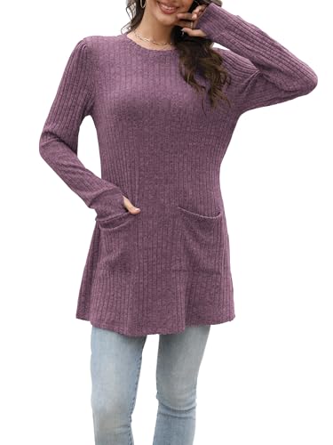 Rvinroo Violett S Damen Lange Pullover Leichte Sweatshirts Tops Lässige Langarmshirt für Frauen Herbst Strickpullover Tunika Oberteile Pullover Daumenloch von Rvinroo