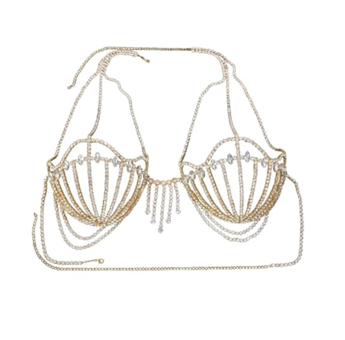 Strass Brustkette Sexy Kristall Körperkette BH Kette Strand Bikini Party Nachtclub Chest Chain Für Frauen (Golden) von Rvlaugoaa