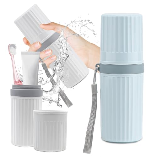 Rwbimti 2 Stück Zahnbürsten Etui, Wasserdicht Reisen Zahnbürsten Etui,Reise Wasser Becher Set, Tragbar Kunststoff Reisezahnbürsten Box für Camping, Geschäftsreise, Täglichen Gebrauch (Grau + Blau) von Rwbimti