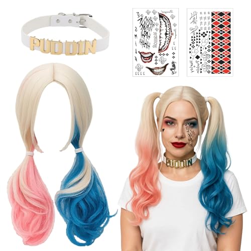 Rosa und Blaue Lange Lockige Perücken für Frauen, Perücke Cosplay und Damen, Pink und Blau Wig für Halloween, Karneval und Kostümpartys, 4 Teile Set mit Halsband und Tattoo-Aufklebern von RxaGtn