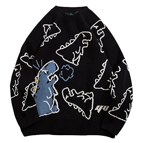 Rxozrxoz Damen Dinosaurier Strickpullover Niedlich Oversized Kawaii Vintage Pullover Casual Loose Fit Pullover Sweater Tops, Black, Mittel von Rxozrxoz