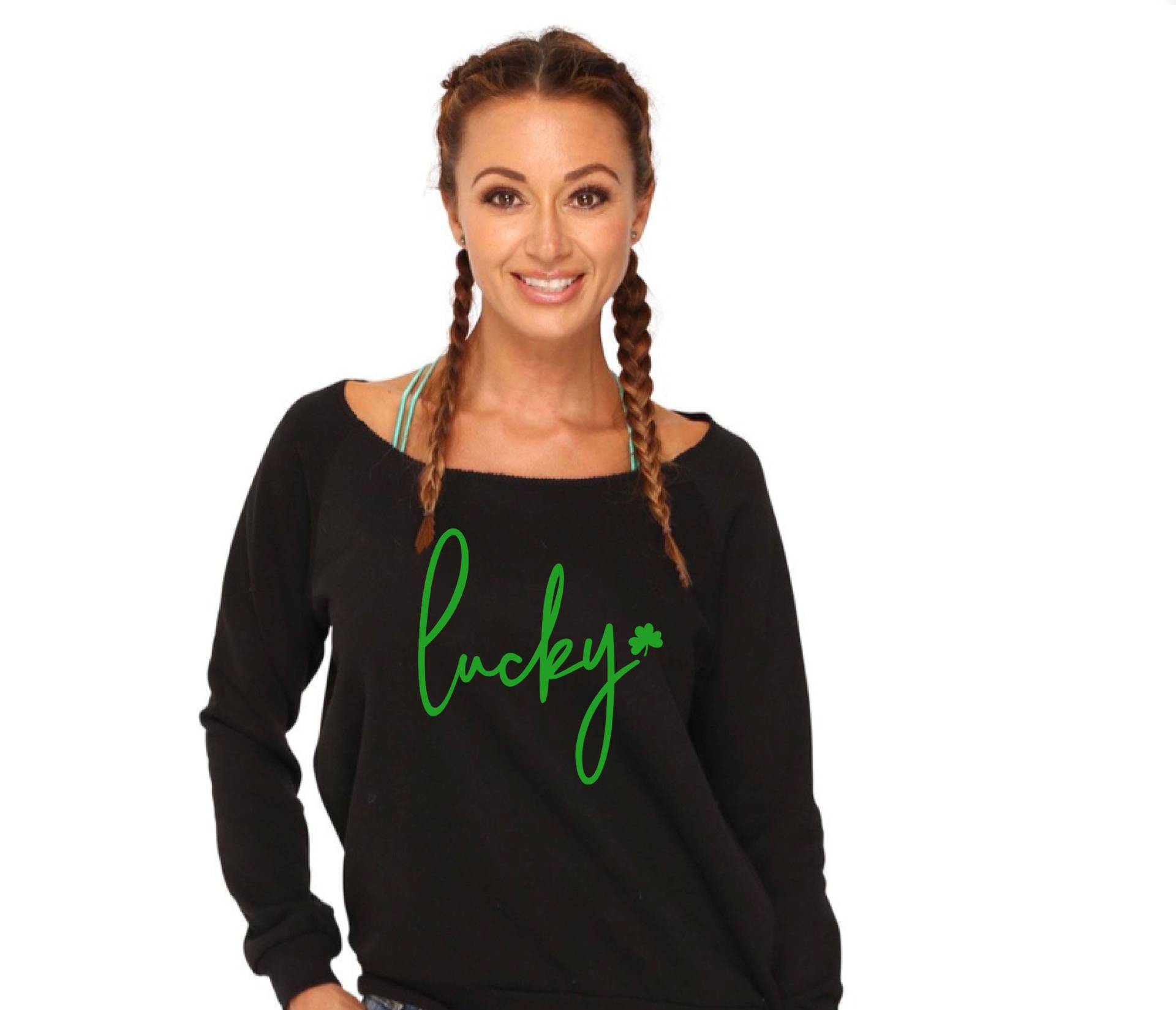 Lucky Off The Shoulder Boatneck Sweatshirt, St. Patricks Damen Modern Sweater von RyLexDesign