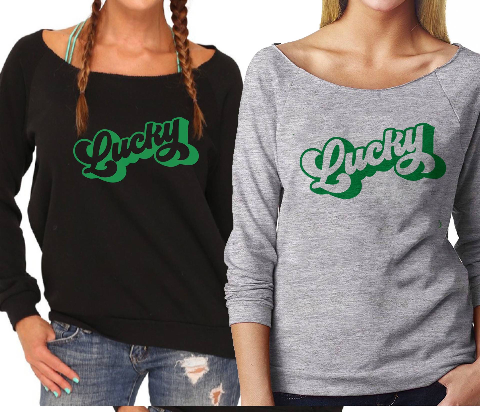 Lucky Off The Shoulder Boatneck Sweatshirt Sweater, St. Patricks Day Damen Moderner Pullover von RyLexDesign