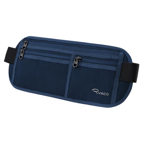 RYACO Geldgürtel mit RFID Blocker, Money Belt wasserdichte für Damen und Herren, Bauchtasche Flach Hüfttasche Gürteltasche Reise, versteckte Anti-Diebstahl Festival Bumbag Reisepass-Beutel, Navy Blau von Ryaco