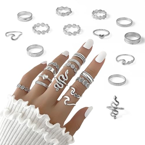 Ryaupy 13er Schlangenkette Stapelringe im Vintage Boho Stil, Set Knuckle Rings für Frauen und Mädchen - Größen gemischt und einstellbar, Punk Ring Set in Silber von Ryaupy