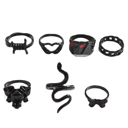 Ryaupy 7PCS Vintage Schwarz Punk Ringe - Stapelbare Gothic Rings - Herz-, Schmetterlings-, Schlangen- und Froschformen, Ring Schmuck Geschenke für Frauen und Mädchen von Ryaupy