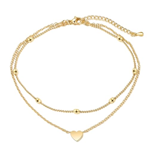 Ryaupy Vergoldet Damen Boho Perlen Fußkettchen Mode Mehrschichtige Herz Layered Fußkettchen Wasserfest Verstellbar Strand Fuß Schmuck für Frauen und Mädchen (Gold) von Ryaupy