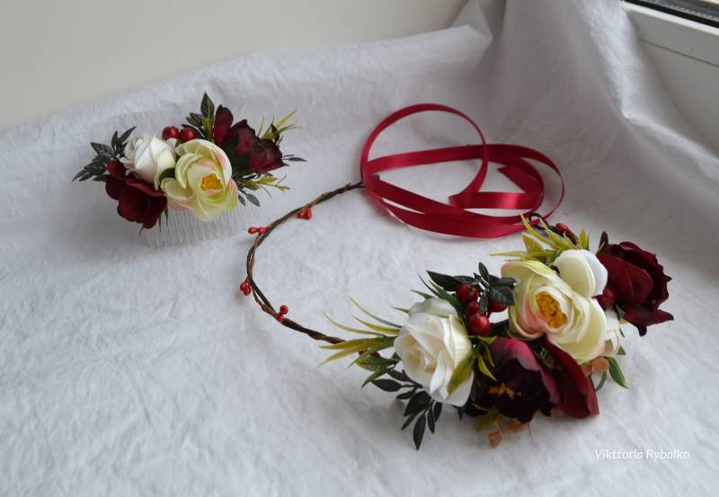Bordeaux Blume Set Krone Tiefes Rot Grün Floral Hochzeit Brautjungfer Haar Kamm Für Braut Bordeaux Blume Set Krone Tiefes Rot Grün Floral Hochzeit Brautjungfer Haar Kamm Für Braut von RybalkoShop