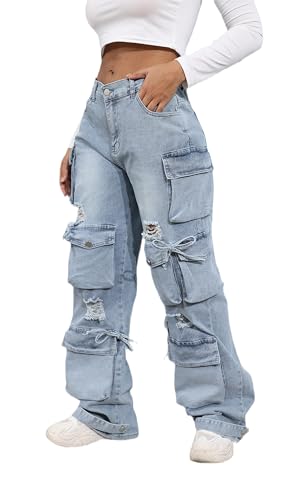Ryehack Damen Baggy Jeans Y2k Cargo Jeans Casual Hohe Taille Baggy Denim Cargo Hose mit Taschen Streetwear, Blau, X-Groß von Ryehack