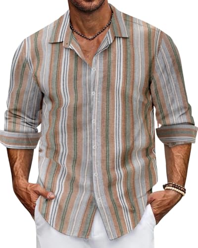 Ryehack Herren Gestreiftes Hemd Langarm Casual Leinen Tops Button Down Hawaii Strandhemden Regular Fit S-3XL, braun, XL von Ryehack