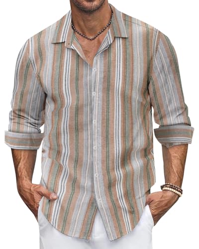 Ryehack Herren Hemd Langarm Gestreifte Leinenhemd Freizeithemden mit Knöpfen Hawaii Hemd S-3XL von Ryehack