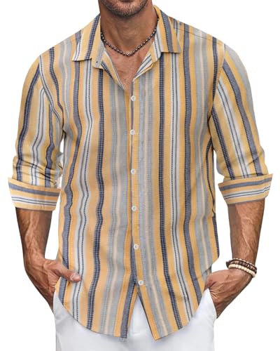 Ryehack Herren Hemd Langarm Gestreifte Leinenhemd Freizeithemden mit Knöpfen Hawaii Hemd S-3XL von Ryehack