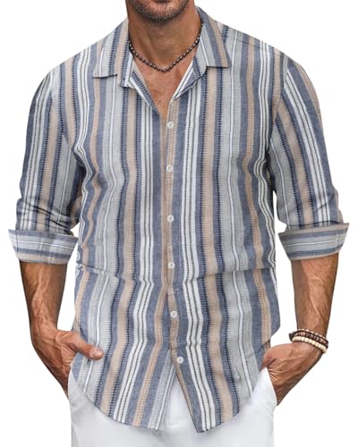 Ryehack Herren Hemd Langarm Gestreifte Leinenhemd Freizeithemden mit Knöpfen Hawaii Hemd S-3XL von Ryehack