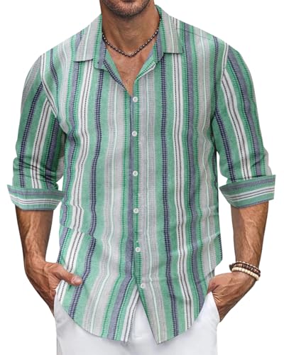 Ryehack Herren Hemd Langarm Gestreifte Leinenhemd Freizeithemden mit Knöpfen Hawaii Hemd S-3XL von Ryehack