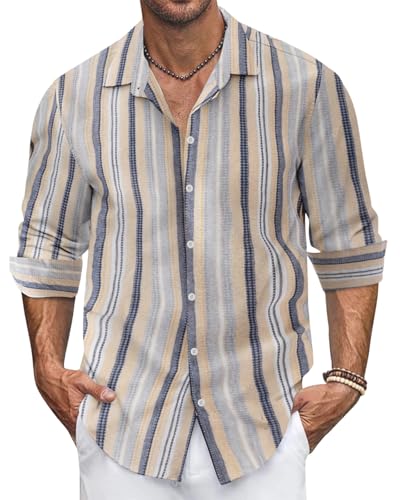Ryehack Herren Hemd Langarm Gestreifte Leinenhemd Freizeithemden mit Knöpfen Hawaii Hemd S-3XL von Ryehack