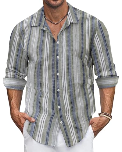 Ryehack Herren Hemd Langarm Gestreifte Leinenhemd Freizeithemden mit Knöpfen Hawaii Hemd S-3XL von Ryehack