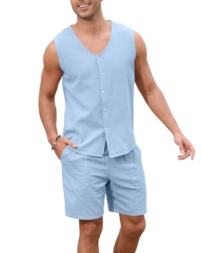 Ryehack Herren Sommer Outfit 2 Teiler Zweiteiler Hawaii Hemd Weste und Shorts Beach Sets M-3XL von Ryehack