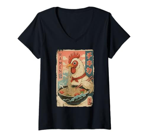 Damen Huhn isst Ramen Lustiges Japan Retro Kawaii Design T-Shirt mit V-Ausschnitt Damen Huhn isst Ramen Lustiges Japan Retro Kawaii Design T-Shirt mit V-Ausschnitt von RyuTora