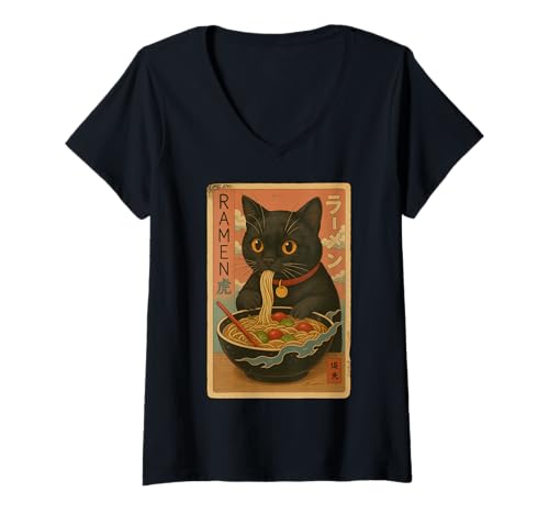 Damen Schwarze Katze Ramen Retro Japan Style Kawaii T-Shirt mit V-Ausschnitt Damen Schwarze Katze Ramen Retro Japan Style Kawaii T-Shirt mit V-Ausschnitt von RyuTora