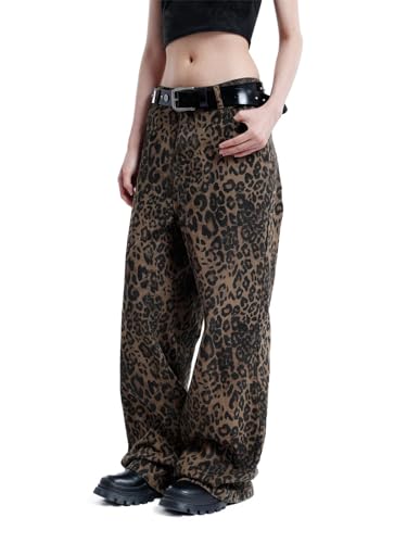 S-JIANG Leoparden-Jeans, Leoparden-Print-Jeans, Baggy-Jeans, Grunge-Hose, Streetwear-Hose, gerade Beinhose, Unisex von S-JIANG