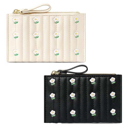 S-MAN 2 Pack kleine Geldbörse für Mädchen Frauen Blume Stickerei Design Zip um Front Card Holder Coin Purse Beige und Schwarz von S-MAN