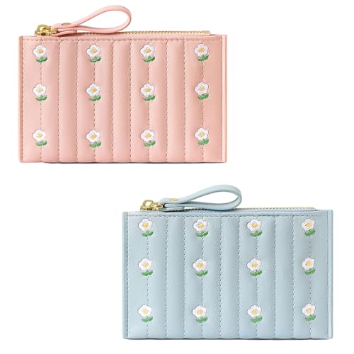 S-MAN 2 Pack kleine Geldbörse für Mädchen Frauen Blume Stickerei Design Zip um Front Card Holder Coin Purse Rosa und Blau von S-MAN
