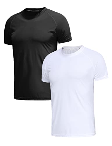 Herren T Shirt 2er Pack Basic Sportshirts Rundhals Laufshirt Männer Kurzarm Funktionsshirt Fitness Atmungsaktiv Sweatshirt Tops-2P02-Black/White-M von S SETEOSIR