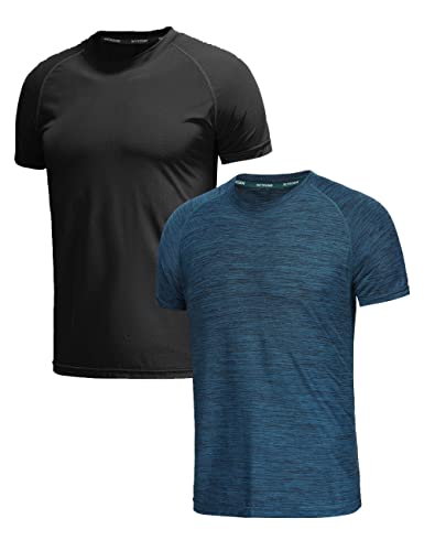 Herren T Shirt 2er Pack Basic Sportshirts Rundhals Laufshirt Männer Kurzarm Funktionsshirt Fitness Atmungsaktiv Sweatshirt Tops-2P03-Black/HGreen-S von S SETEOSIR