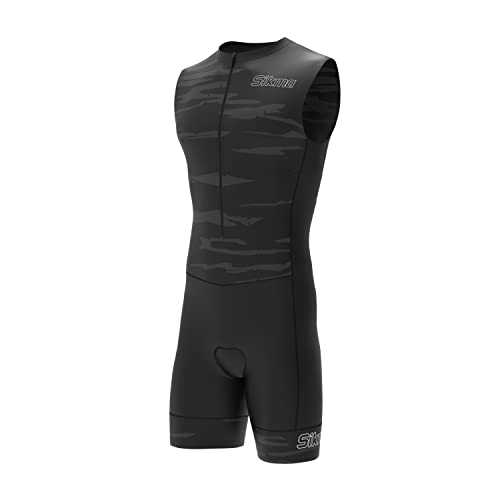 Herren Fahrrad-Skinsuit Gel gepolstert Einteiler Trisuit Bike Top kurzes Sublimiertes Design, Ärmellos, Camo-Grau, XXL von Sikma