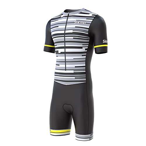 Herren Radsportanzug Gel Gepolstert Einteiler Trisuit Bike Top Kurz Sublimiertes Design, schwarz / grau, S von S Sikma