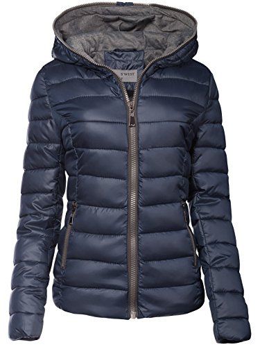 S'West Damen Steppjacke DAUNEN Optik SKI Jacke KURZ Mantel Parka Kapuze TOP Farben, Farbe:Dunkelblau, Größe:L von S'West