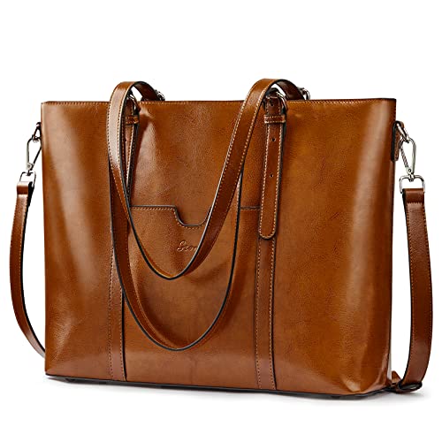 S-ZONE 15,6" Leder Umhängetasche Laptop Tragetasche Damen Handtasche mit Umhängeriemen von S-ZONE