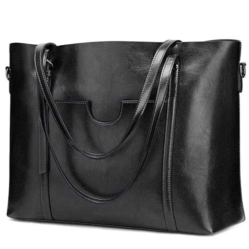 S-ZONE Damen 3-Way Schultertasche Vintage Echtleder Shopper Große Mode Laptop Arbeitstasche Umhängetasche Handtasche Messenger Bag, Schwarz, L von S-ZONE