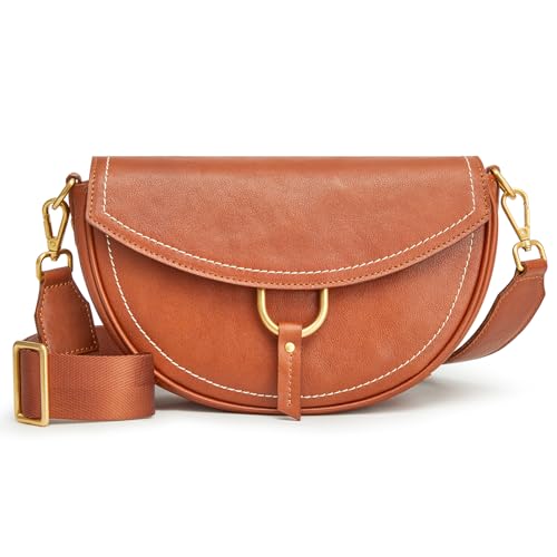 S-ZONE Damen Leder Umhängetaschen Pflanzlich Gegerbtes Leder Crossbody Bag Geldbörse Schultertasche kleine Handtasche mit Verstellbarem Breitem Riemen von S-ZONE