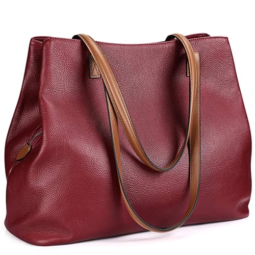 S-ZONE Damen Handtasche Weiches Echtleder Große Faltbare Shopper Schultertasche 13 Inch Laptoptasche Abeitstasche Henkeltaschen von S-ZONE