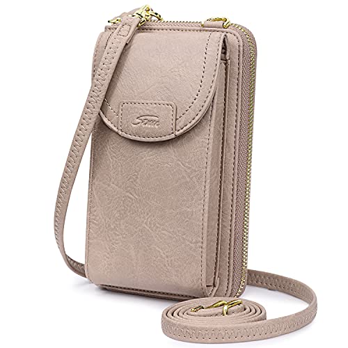 S-ZONE Damen Handy-Umhängetasche PU Leder RFID Blockierung Handytasche Geldbörse mit Kartenfächer Verstellbar Abnehmbar Schultergurt Passt Handy unter 6,5" (Vintage-Khaki) von S-ZONE