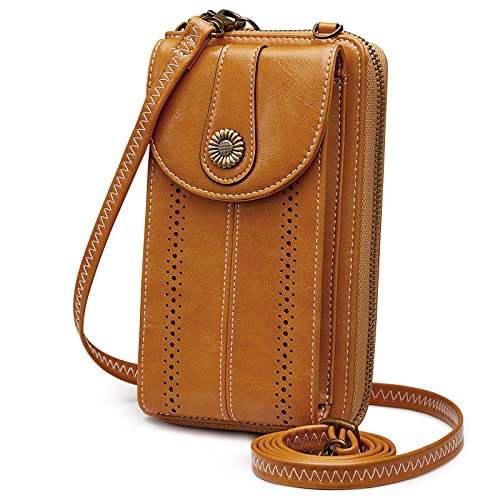 S-ZONE Damen Handy Umhängetasche PU Leder RFID Blockierung Vintage Handytasche mit Geldbörse zum Umhängen mit Kartenfächer Verstellbar Abnehmbar Schultergurt für Handy unter 6,7" von S-ZONE