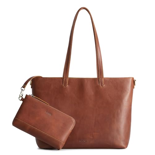 S-ZONE Damen Leder Handtasche Große Shopper Tote Bag Arbeitstasche Schultertasche mit Laptopfach und Handgelenksgeldbörse 2-teiliges Set von S-ZONE