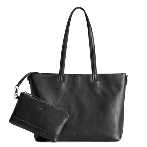 S-ZONE Damen Leder Handtasche Große Shopper Tote Bag Arbeitstasche Schultertasche mit Laptopfach und Handgelenksgeldbörse 2-teiliges Set von S-ZONE