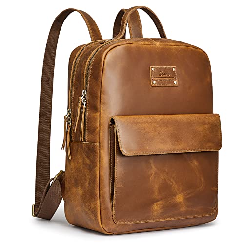 S-ZONE Damen Rucksack Echtes Leder Vintage Geldbörse Mode Umhängetasche Reise Schultasche Daypack Backpack mit Gepäckfach von S-ZONE