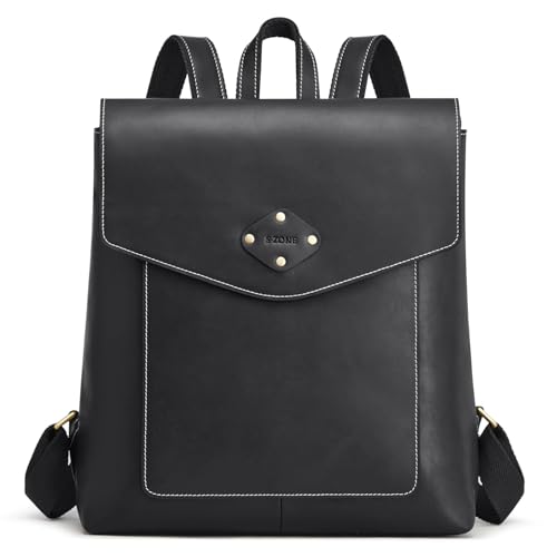 S-ZONE Damen Rucksack Vintage Echtes Leder Schultertasche Schule Umhängetasche Fashion Reiserucksack Backpack mit Gepäckfach von S-ZONE