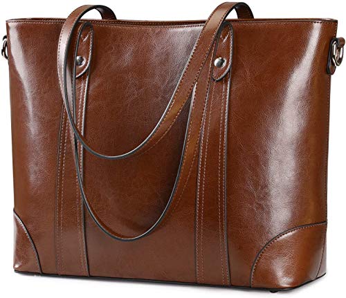 S-ZONE Damen Schultertasche 15,6 Inch Laptoptasche Große Leder Shopper Arbeitstasche Umhängetasche Handtasche mit Gepolstertem Laptopfach von S-ZONE