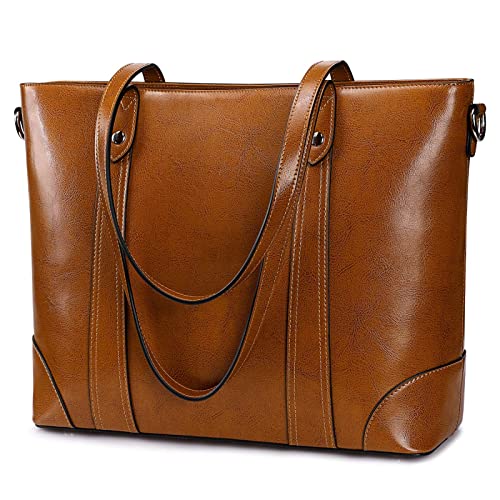 S-ZONE Damen Schultertasche 15,6 Inch Laptoptasche Große Leder Shopper Arbeitstasche Umhängetasche Handtasche mit Gepolstertem Laptopfach von S-ZONE